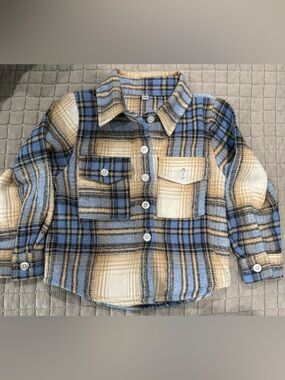 Kids Plaid Button-Up Shirt Jacket - Blue & Cream Flannel